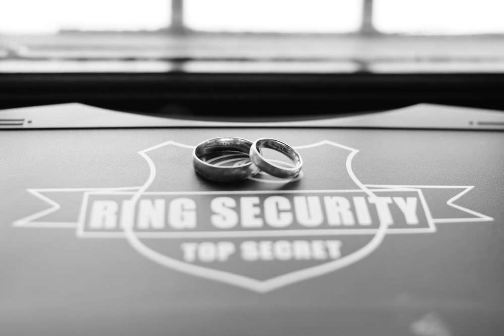 Wedding rings resting on a ring security box
